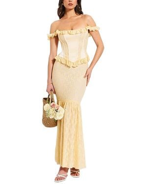 Miss Circle Ersilia Satin Lace Peplum Corset Off Shoulder Maxi Dress - Metallic