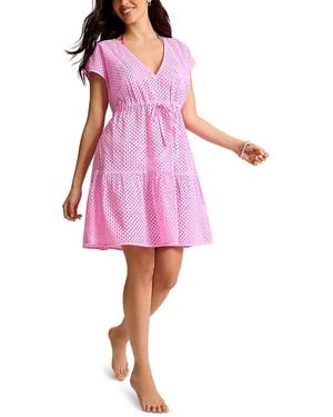 Tommy Bahama Eyelet Cove V Neck Swim Cover-Up Dress - Pink