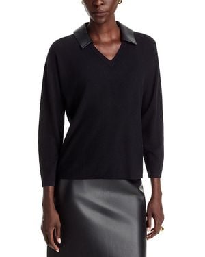 Sioni Faux Leather Collar V Neck Sweater - Blue