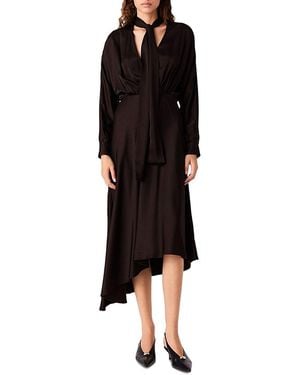 Maje Tie Neck Asymmetric Satin Midi Dress - Black