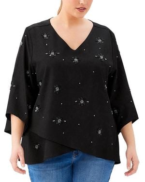 Karen Kane Plus Size Bracelet Sleeve Embellished Asymmetric Top - Black