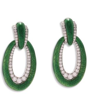 David Webb Platinum & 18K Manhattan Minimalism Diamond Long Enamel Hoop Earrings - Green