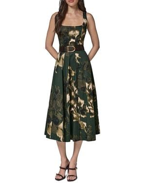Donna Karan Square Neck Belted Sleeveless Dress - Green