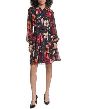 KARL LAGERFELD Print Tie Waist Long Sleeve Chiffon Dress - Red