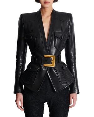 Balmain 1-Button Belted Leather Jacket - Black
