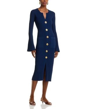 Cara Cara Aron Dress V Neck Button Front Slim Long Sleeve Midi Stretch Bodycon Dress - Blue