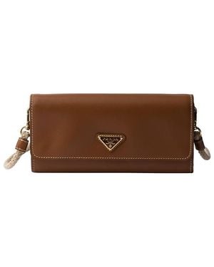 Prada Leather Wallet With Shoulder Strap - Brown