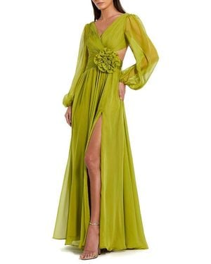 Mac Duggal Long Sleeve V Neck Chiffon Gown With 3D Flower - Green