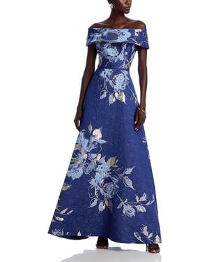 Teri Jon Off-The-Shoulder Metallic Floral Jacquard Gown - Blue
