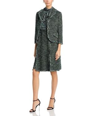 Teri Jon Tweed Chiffon Tie Neck Jacket & Dress Set - Green