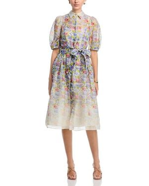 Teri Jon Silk Linen Printed Puff Sleeve Dress - Natural