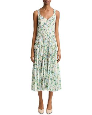 Vince Painted Garden V-Neck Pleated Dress - Green