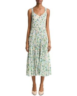 Vince Painted Garden V-Neck Pleated Dress - Green