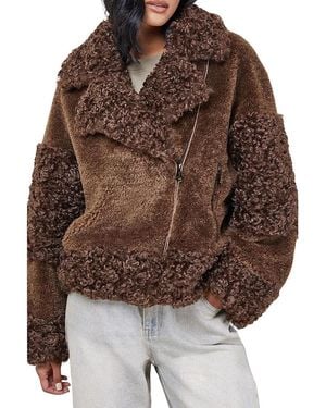 Warehouse Faux Fur Mix Zip Through Jacket - Brown