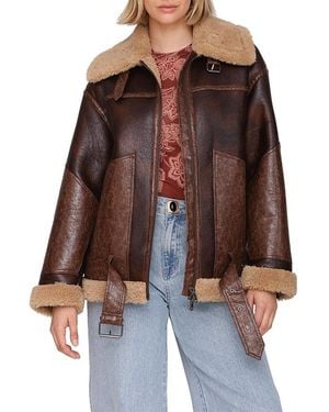 Avec Les Filles Faux Fur Trim Moto Jacket - Brown