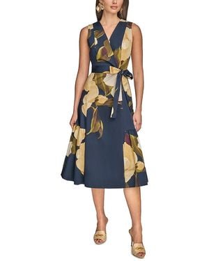 Donna Karan Floral Sateen Tie Waist Dress - Blue