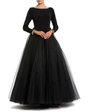 Mac Duggal Petite Embellished Jersey Long Sleeve Ballgown With Tulle Skirt - Black