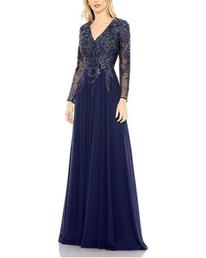 Mac Duggal Embroidered Illusion Long Sleeve V Neck Gown - Blue