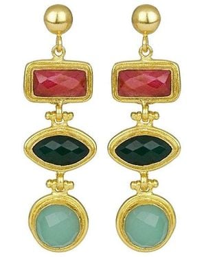 Ottoman Hands Innana Ruby, Emerald And Aqua Chalcedony Drop Earrings - White