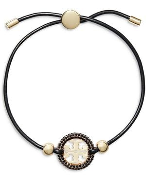 Tory Burch Miller Double T Jet Pave Charm Leather Cord Slider Bracelet - Metallic