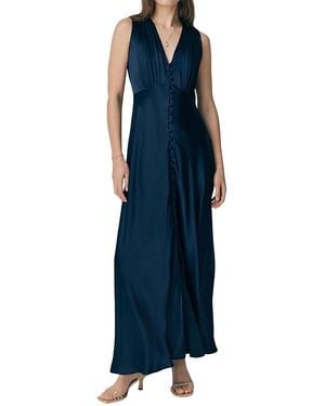 Ghost River V Neck Button Satin Maxi Dress - Blue