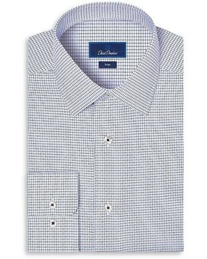 David Donahue Trim Fit Micro Check Cotton Blend Dress Shirt - Blue