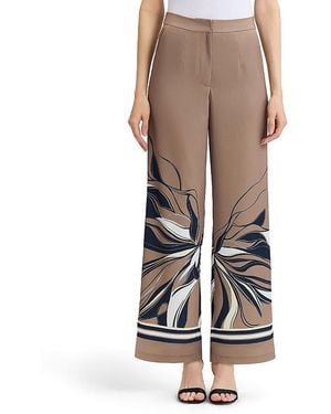 Ming Wang Crepe De Chine Wide-Leg Floral Abstract Pants - Natural