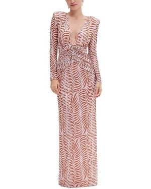 PATBO Printed Long Sleeve Deep V Maxi Dress - Pink