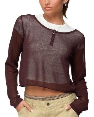 Edikted Kilian Sheer Knit Henley Top - Brown