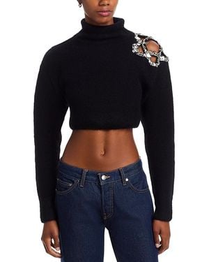 Area Crystal Turtleneck Cluster Flower Cropped Sweater - Blue