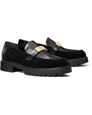 Tory Burch Leelee Embossed Leather & Suede Lug Loafers - Black