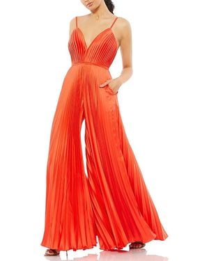 Mac Duggal Pleated Plunge Neck Wide Leg Jumpsuit - Red