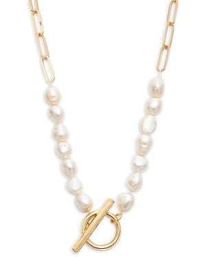 Aqua Imitation Pearl Paperclip Link Toggle Necklace, 15 - Metallic