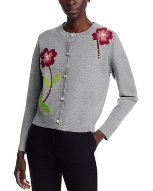Sioni Double Knits Flower Embroidery Boyfriend Cardigan Sweater - Gray