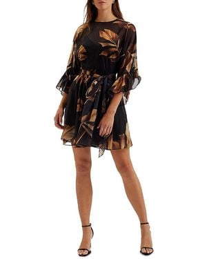 Ted Baker Printed Tie Waist Frill Sleeve Mini Dress - Black