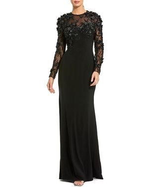 Mac Duggal Petite Long Sleeve Floral Embellished Column Gown - Black