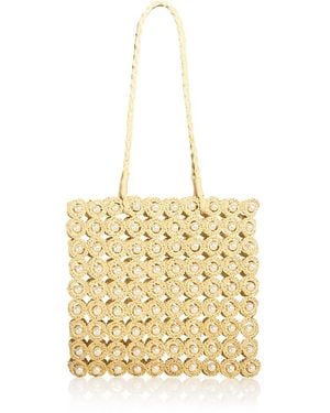 Aqua Imitation Pearl & Crochet Straw Tote - Metallic