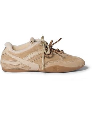 Miu Miu Shearling Lined Low Top Sneakers - Natural