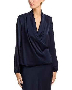 Tahari Long Sleeved Wrap Bodice Blouse - Blue