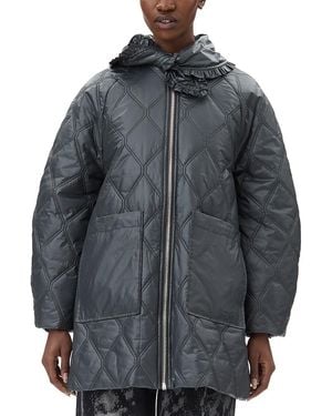 Ganni Quilted Tie Neck Coat - Gray