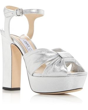 Jimmy Choo Heloise 120 Snake Embossed High Block Heel Platform Sandals - White