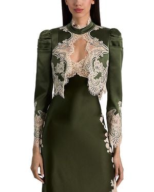 Alice + Olivia Thomasina Puff Sleeve Lace Trim Cropped Jacket - Green