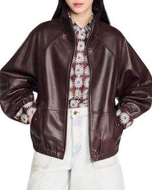 Sandro Oversized Zip Up Leather Jacket - Brown
