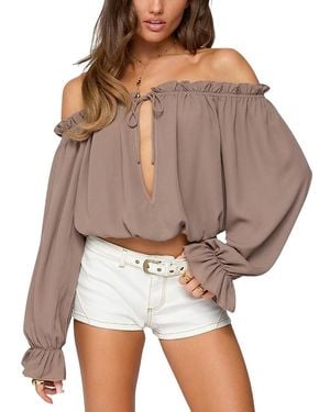 Edikted Juna Off Shoulder Ruffle Chiffon Top - Brown