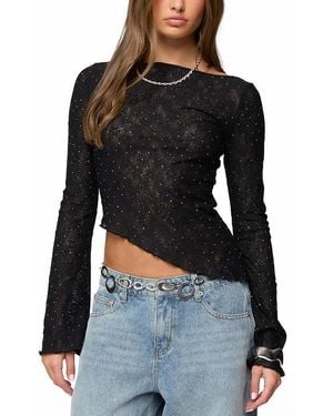 Edikted Mare Asymmetric Gem Sheer Lace Top - Black
