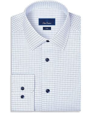 David Donahue Trim Fit Cotton Blend Twill Check Dress Shirt - Blue