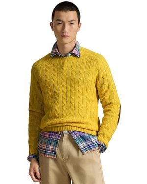 Polo Ralph Lauren Suede-Patch Cable-Knit Sweater - Yellow