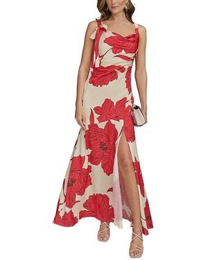 Donna Karan Satin Floral Draped Neck Gown - Red