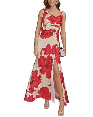 Donna Karan Satin Floral Draped Neck Gown - Red