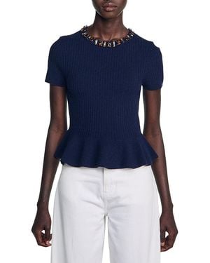 Sandro Jesse Embellished Wool Blend Peplum Sweater - Blue
